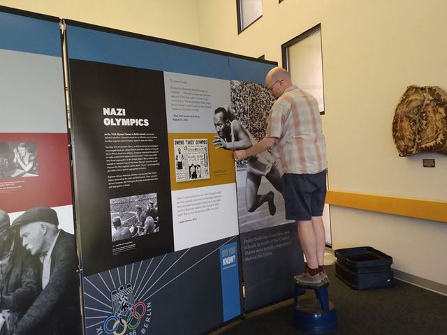 Photo of Americans and the Holocaust exhibit setup at the NMSU Library