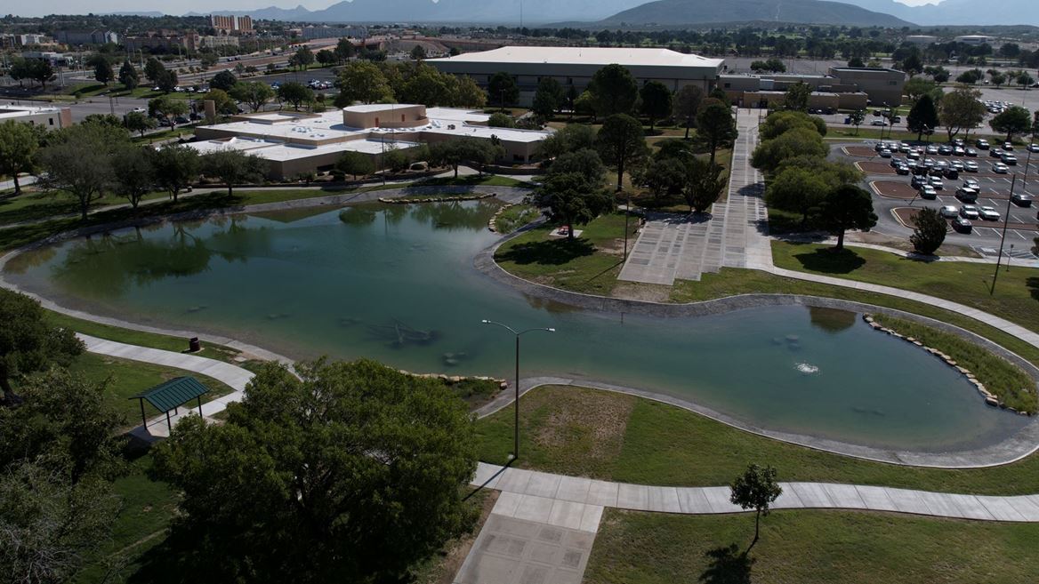 Drone photo of Alumni Pond after reopening in August 2026