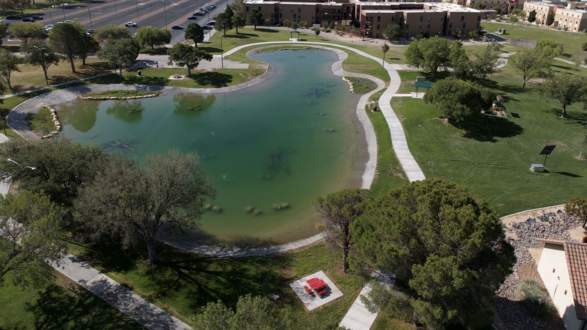 Drone photo of Alumni Pond after reopening in August 2026