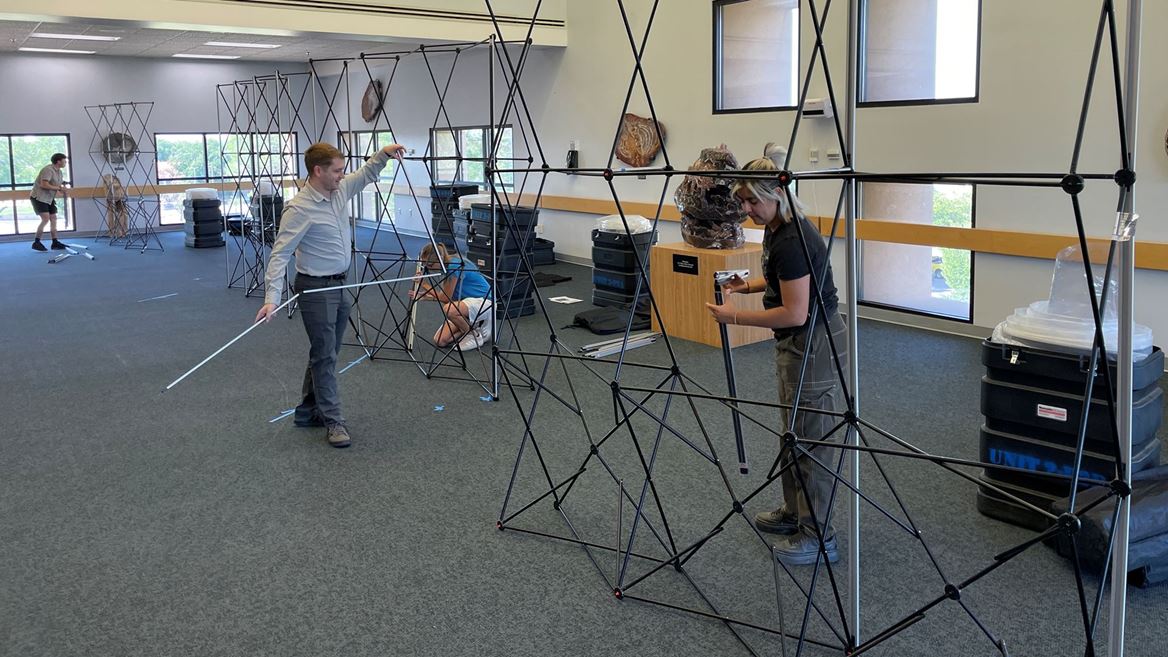 Photo of Americans and the Holocaust exhibit setup at NMSU Library