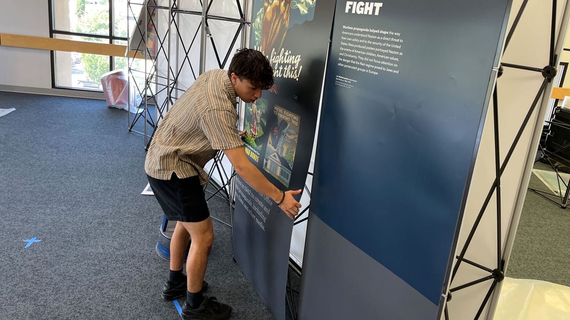 Photo of the Americans and the Holocaust exhibit setup at the NMSU Library