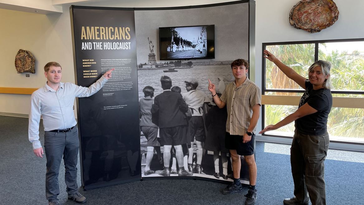 Photo of the Americans and the Holocaust exhibit setup at the NMSU Library
