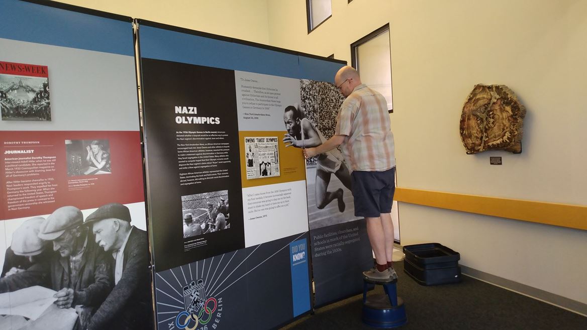 Photo of Americans and the Holocaust exhibit setup at the NMSU Library