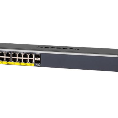 NETGEAR ProSAFE® Easy-Mount 16-Port PoE+ Gigabit Smart Managed Switch with 2 SFP Ports (GS418TPP) - Left