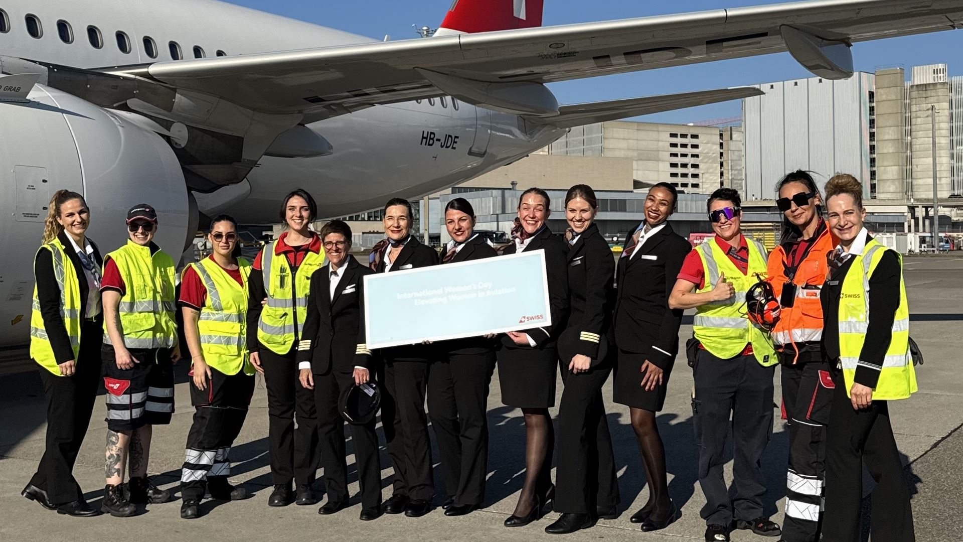 Crew and ground handling staff of SWISS flight LX1226 Zurich Gothenburg at Zurich Airport on International Women s Day