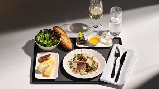 Business Class Slow cooked beef with mustard vinaigrette radish and Grana Padano