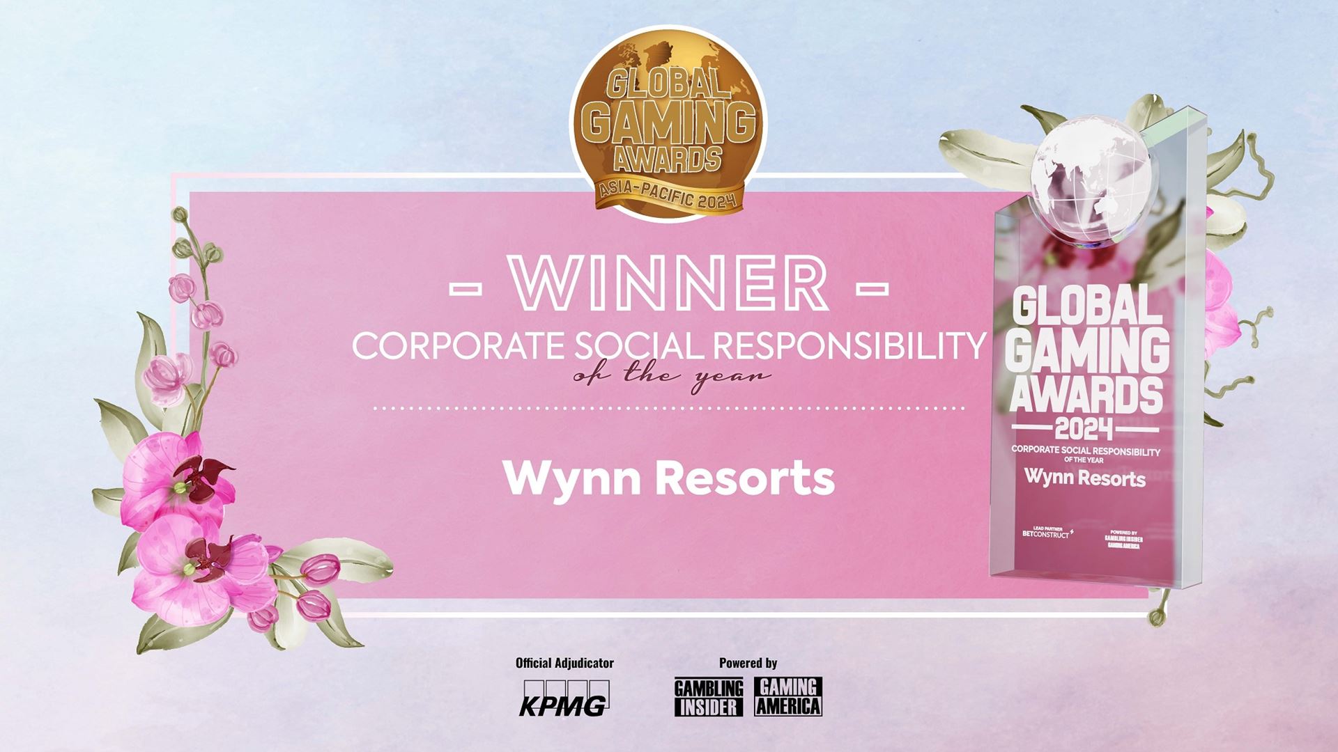 Wynn has been awarded honored with Corporate Social Responsibility of the Year at the Global Gaming Awards Asia-Pacific