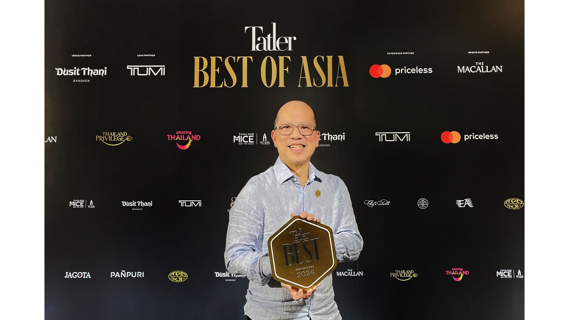 Chef Tam Kwok Fung receives the Tatler Best 100 in Asia award at the inaugural Tatler Best Unveiling Ceremony in Bangkok