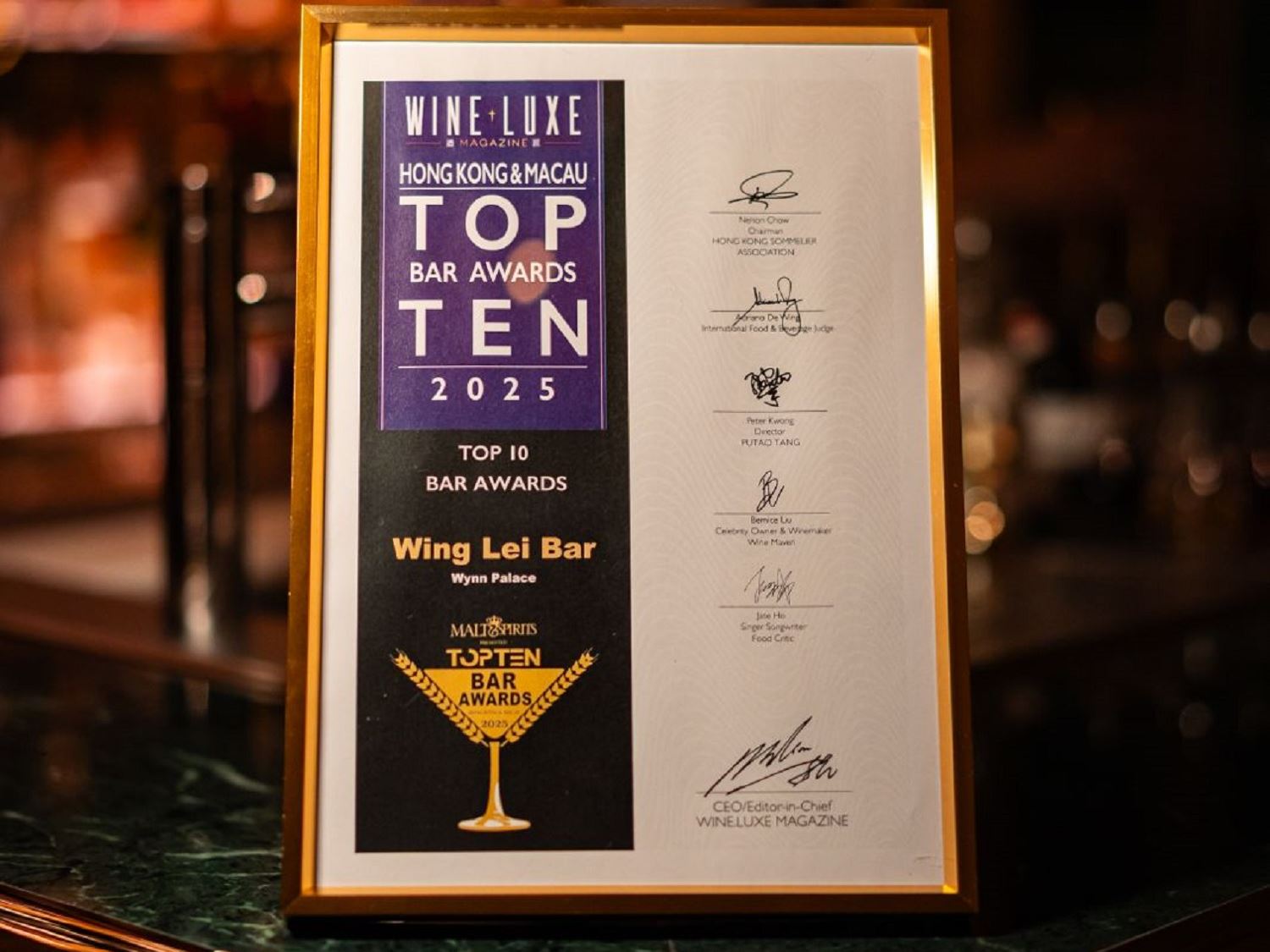 Wing Lei Bar named one of the Top 10 Bars in Hong Kong Macau Top Ten Bar Awards by Wine Luxe Magazine
