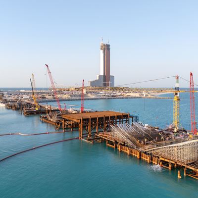 Wynn Al Marjan Island Construction January 2026 Marjan Bay Bridge With Building WynnResorts