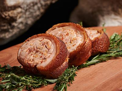 Porchetta – Huntsham Farm Crispy Skin Suckling Pig, Mustard Pork Jus