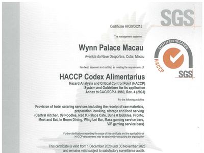 Wynn acquires certification of Hazard Analysis and Critical Control Points (HACCP)