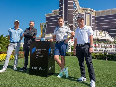 From left to right: Taichi Kho, Sergio Garcia, Ian Poulter and Andy Ogletree pictured  with the trophy on the grounds of