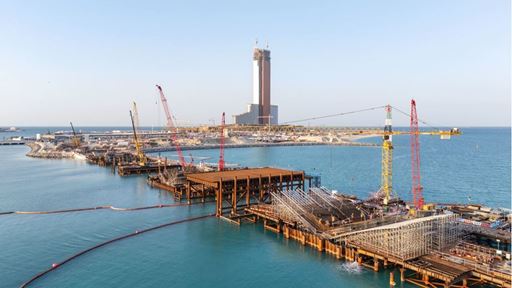 Wynn Al Marjan Island Construction January 2026 Marjan Bay Bridge With Building WynnResorts