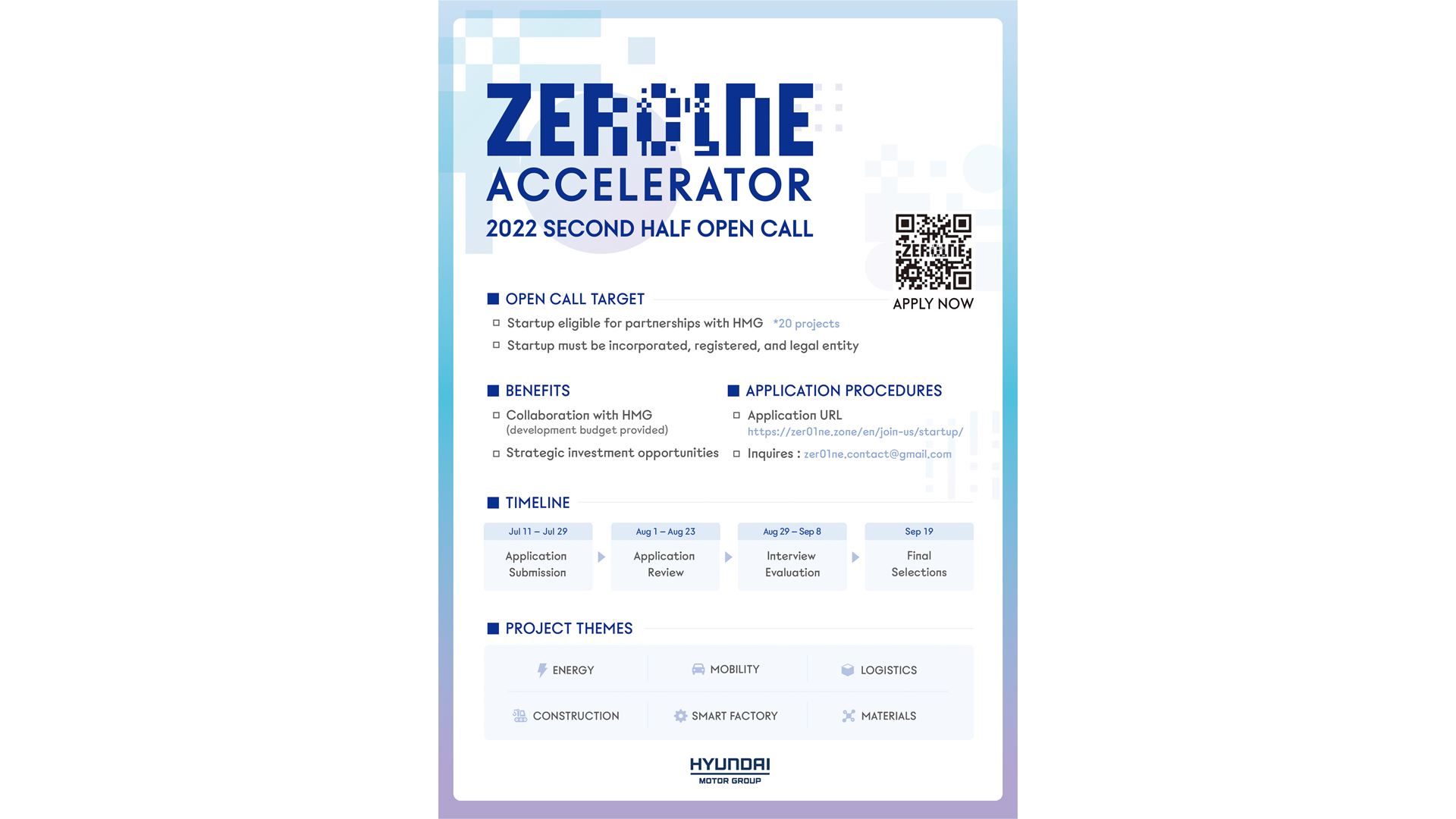 Hyundai Motor Group Recruiting Startups for 2022 ZER01NE Accelerator Second Half Open Call