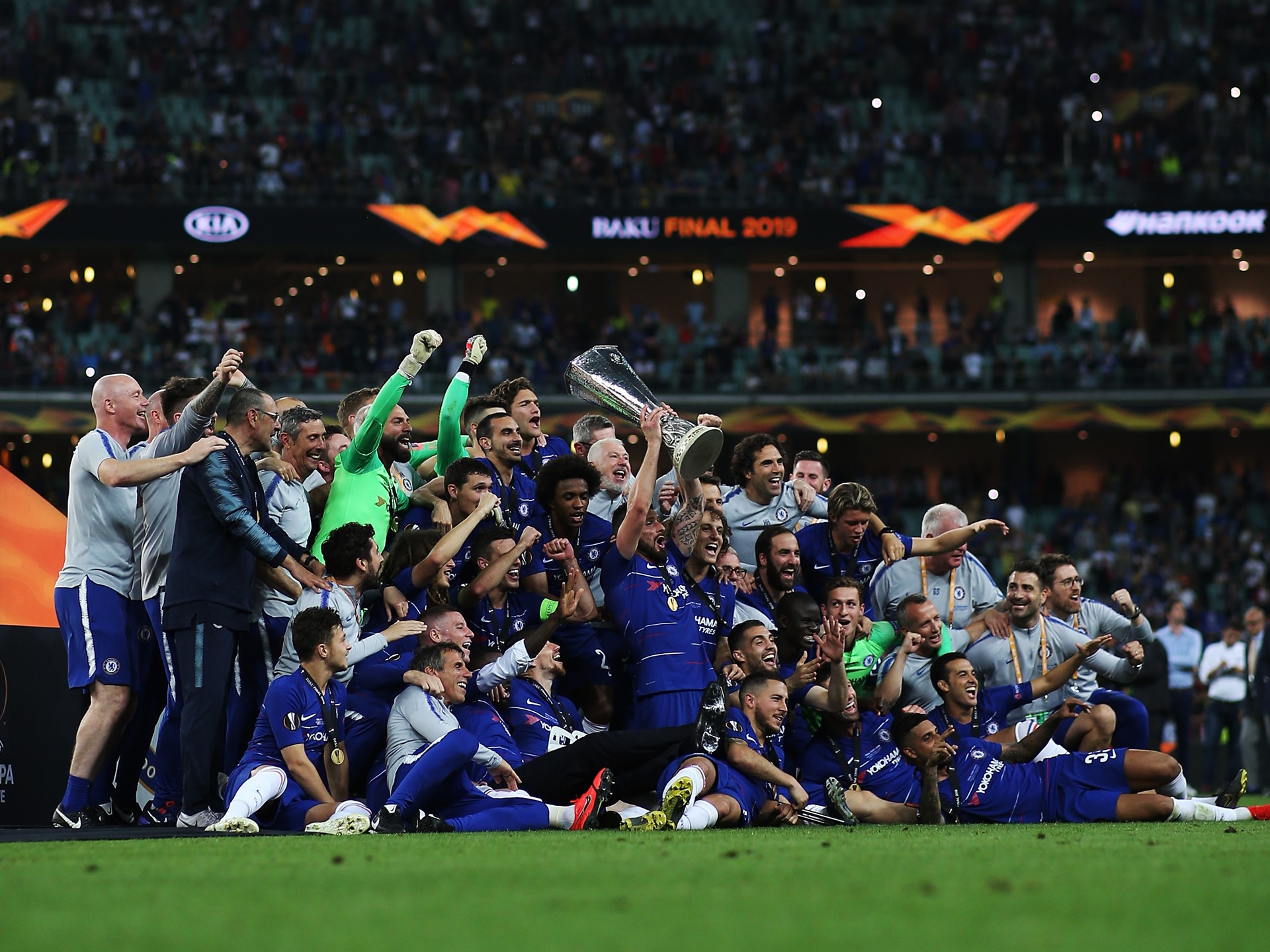 Chelsea players, who won the 2018/2019 UEFA Europa League Championship, elate in their victory following the final match