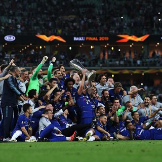 Chelsea players, who won the 2018/2019 UEFA Europa League Championship, elate in their victory following the final match