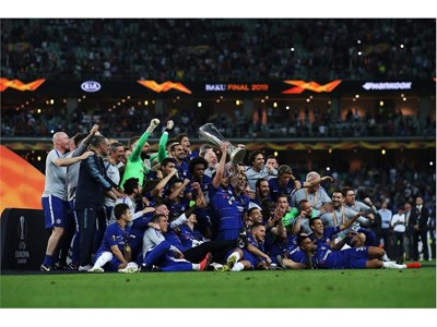 Chelsea players, who won the 2018/2019 UEFA Europa League Championship, elate in their victory following the final match