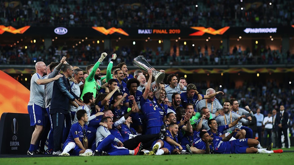 Chelsea players, who won the 2018/2019 UEFA Europa League Championship, elate in their victory following the final match
