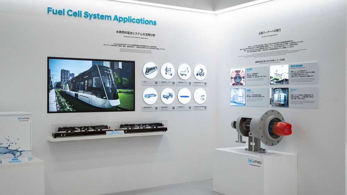 Hyundai Motor Group Exhibition Booth at H2 FC EXPO Tokyo Japan HTWO Brand and Hydrogen Refueling Solutions