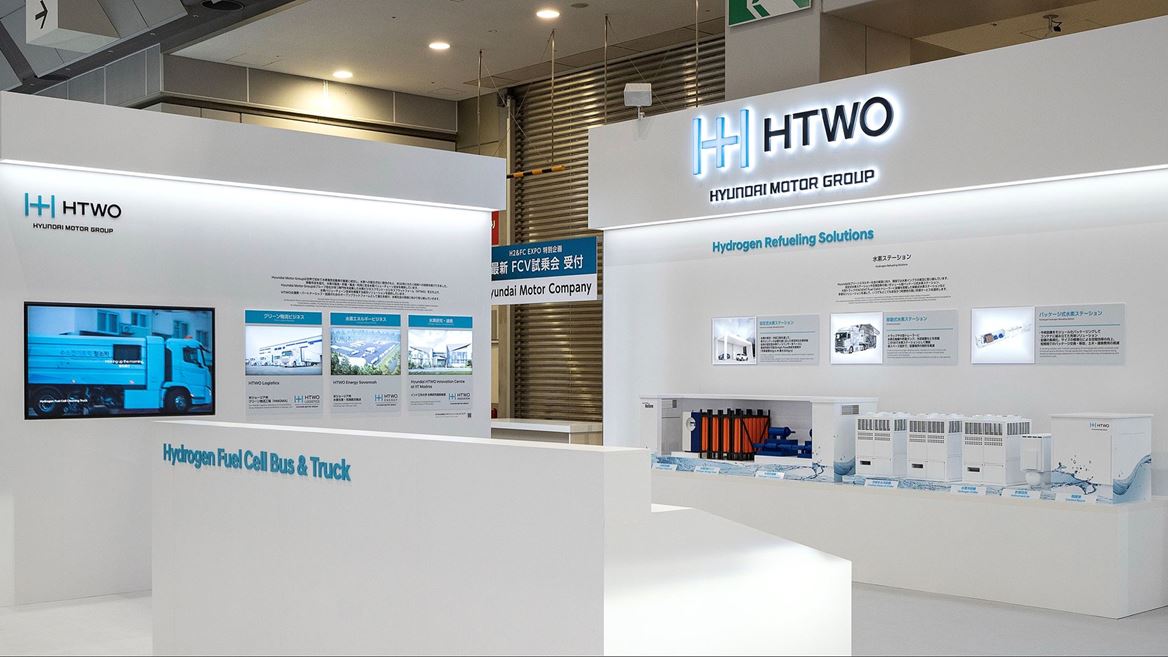 Hyundai Motor Group Exhibition Booth at H2 FC EXPO Tokyo Japan HTWO Brand and Hydrogen Refueling Solutions