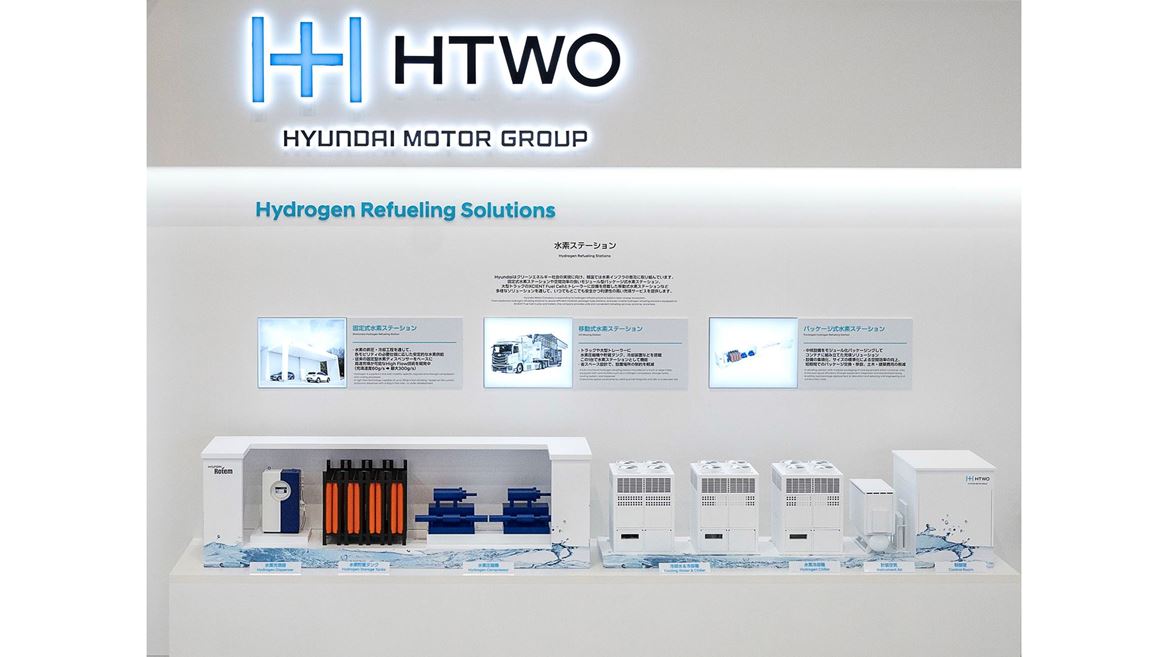 Hyundai Motor Group Exhibition Booth at H2 FC EXPO Tokyo Japan HTWO Brand and Hydrogen Refueling Solutions
