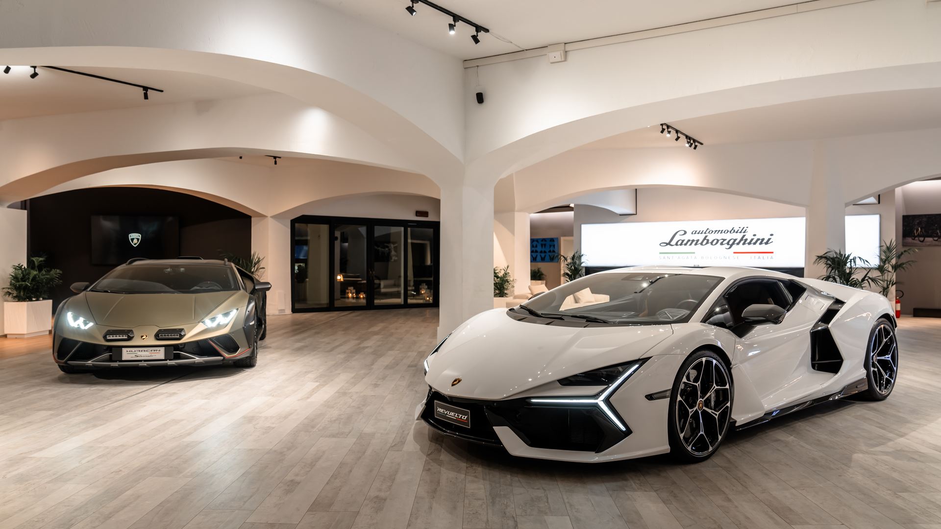 Hurac n Sterrato and Revuelto at Lamborghni Lounge Porto Cervo