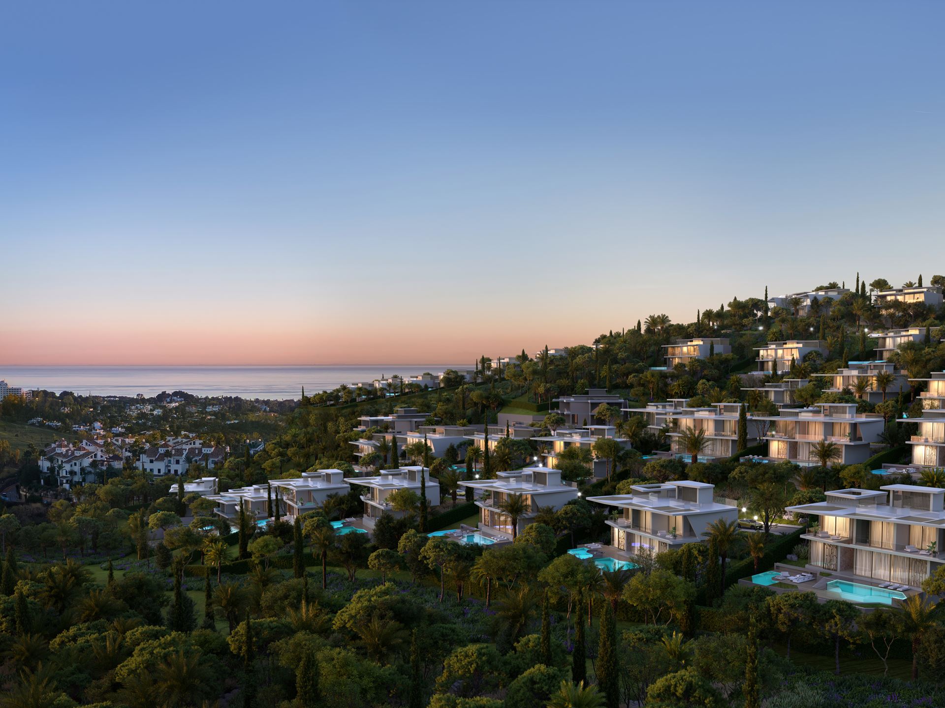 Carbon Fiber Padel Rackets And Costa Del Sol Villas: Is Lamborghini'S Lifestyle Empire A Stroke Of Genius Or Brand Dilution? 13 Aerial view of a luxury hillside residential development overlooking the ocean at dusk, with modern homes and private pools set into lush green landscape