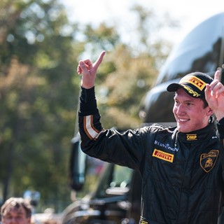 Race winner Andrew Palmer celebrating maiden victory in the Lamborghini Blancpain Super Trofeo Series