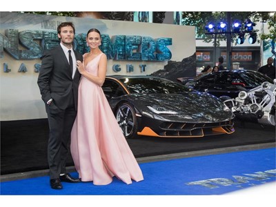 Sam Claflin, Laura Haddock and the Lamborghini Centenario at the premiere  of Transformers, The Last Knight