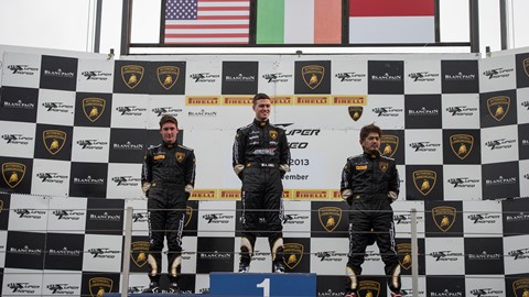 Race one podium, 2nd Palmer (L) USA, 1st Amici (Middle) Italy, 3rd Orido JAP (right)