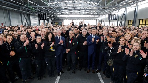 R. Stadler, S. Winkelmann, S. Domenicali with the Lamborghini employees