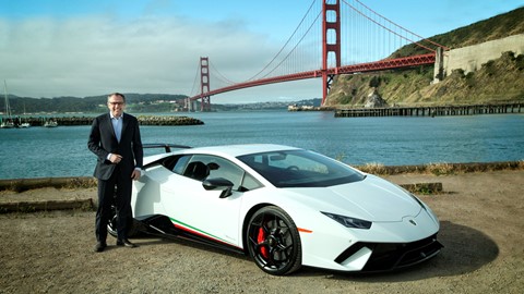 Stefano Domenicali with the Huracán Performante at the Golden Gate Bridge