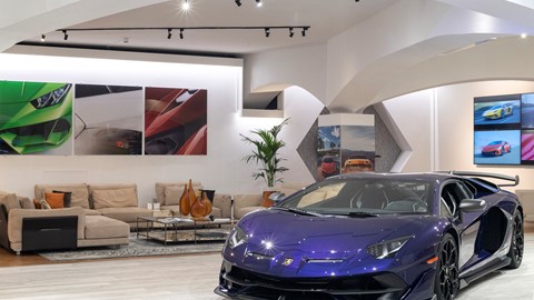 Lamborghini Lounge in Porto Cervo from left Visionnaire interior design solution, Aventador SVJ