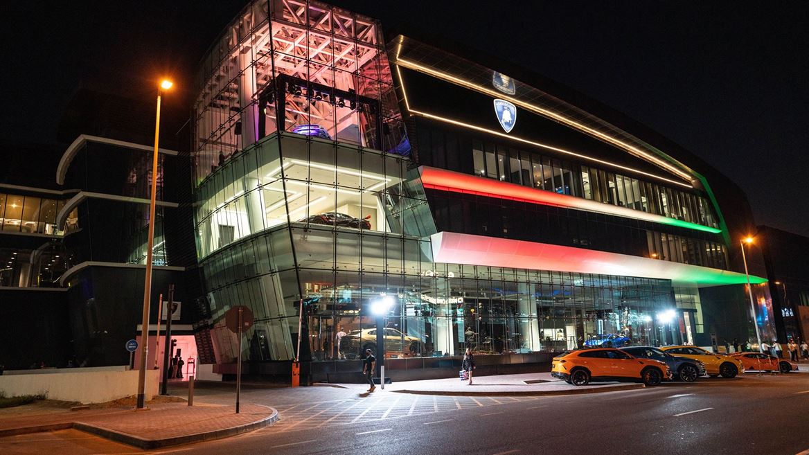 Lamborghini Dubai facade night