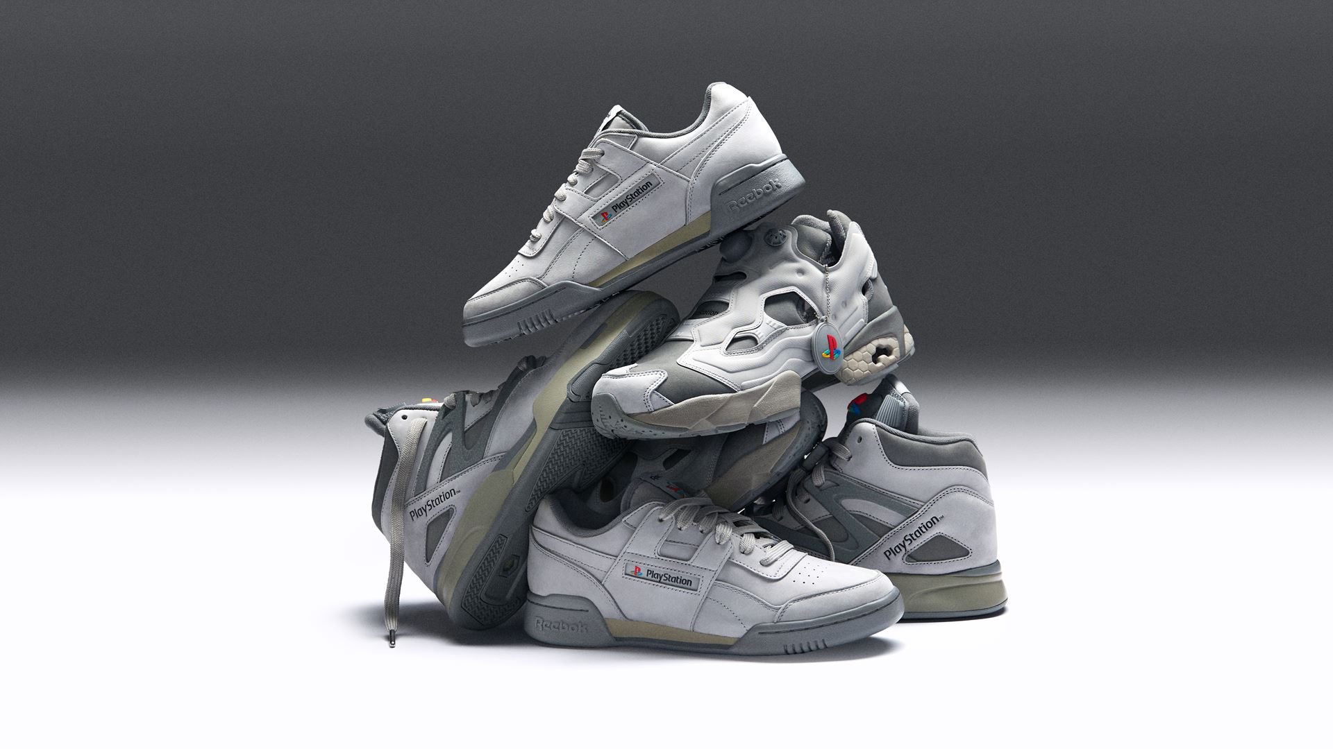 Tênis Reebok inspirados no design clássico do PlayStation original.